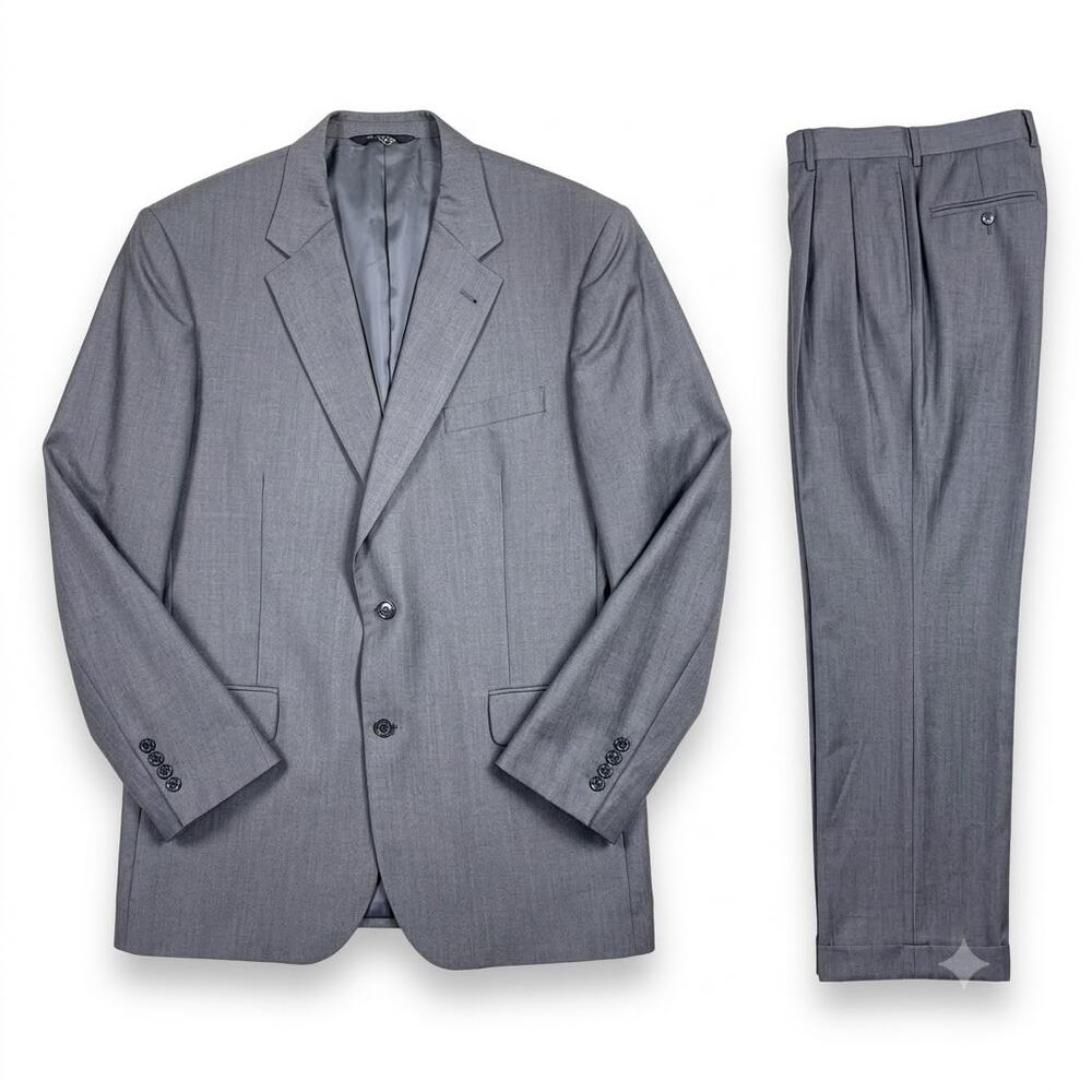 Jos A Bank Wool Sharkskin Suit Gray Mens 43L Jacket 37L Pleated Cuffed Pants